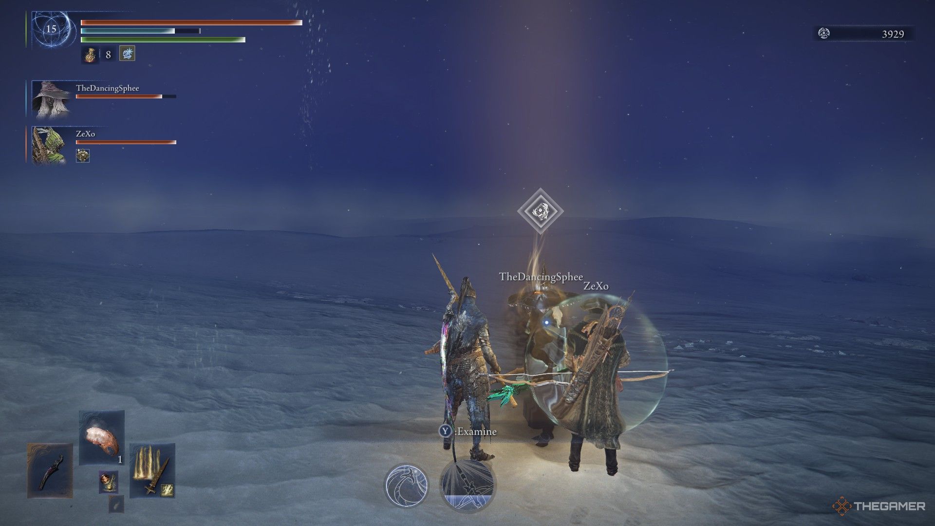 Wylder, Recluse, and Ironeye gather around a legendary drop from Everdark Augur in Elden Ring Nightreign.