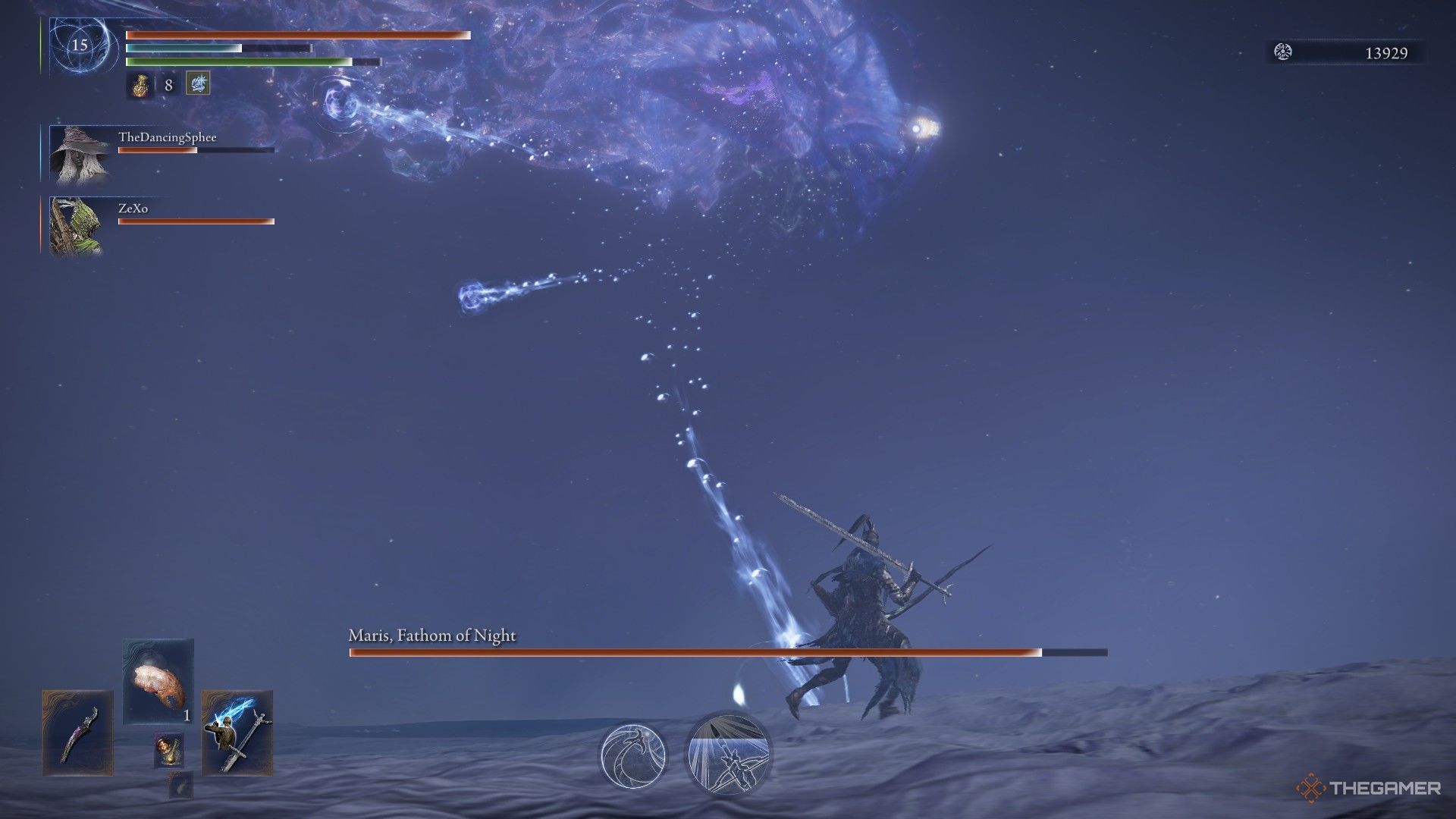 Augur uses a Magic Barrage on Wylder in Elden Ring Nightreign.