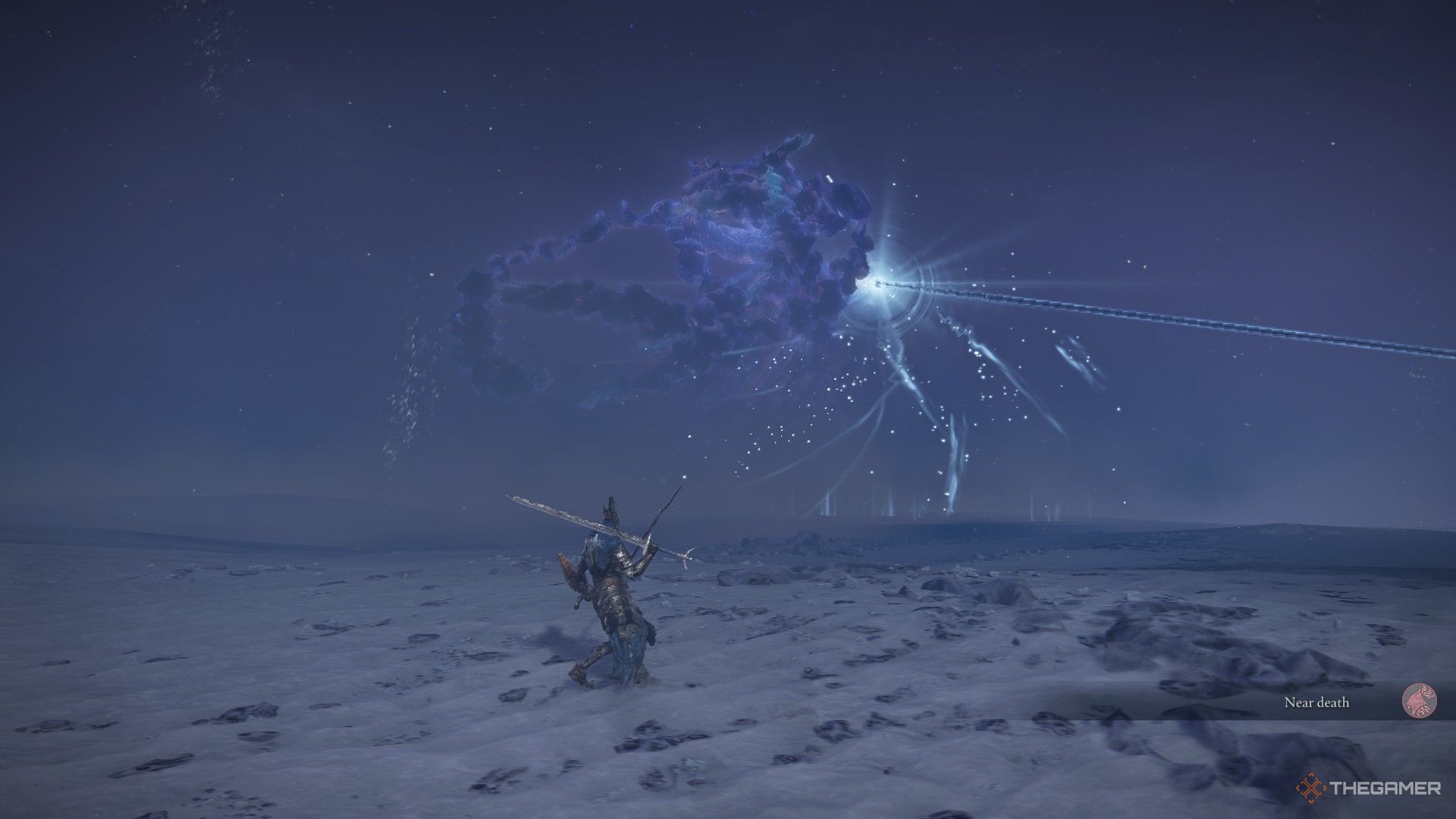 Everdark Augur uses a laser beam to down Ironeye as Wylder dodges in Elden Ring Nightreign.