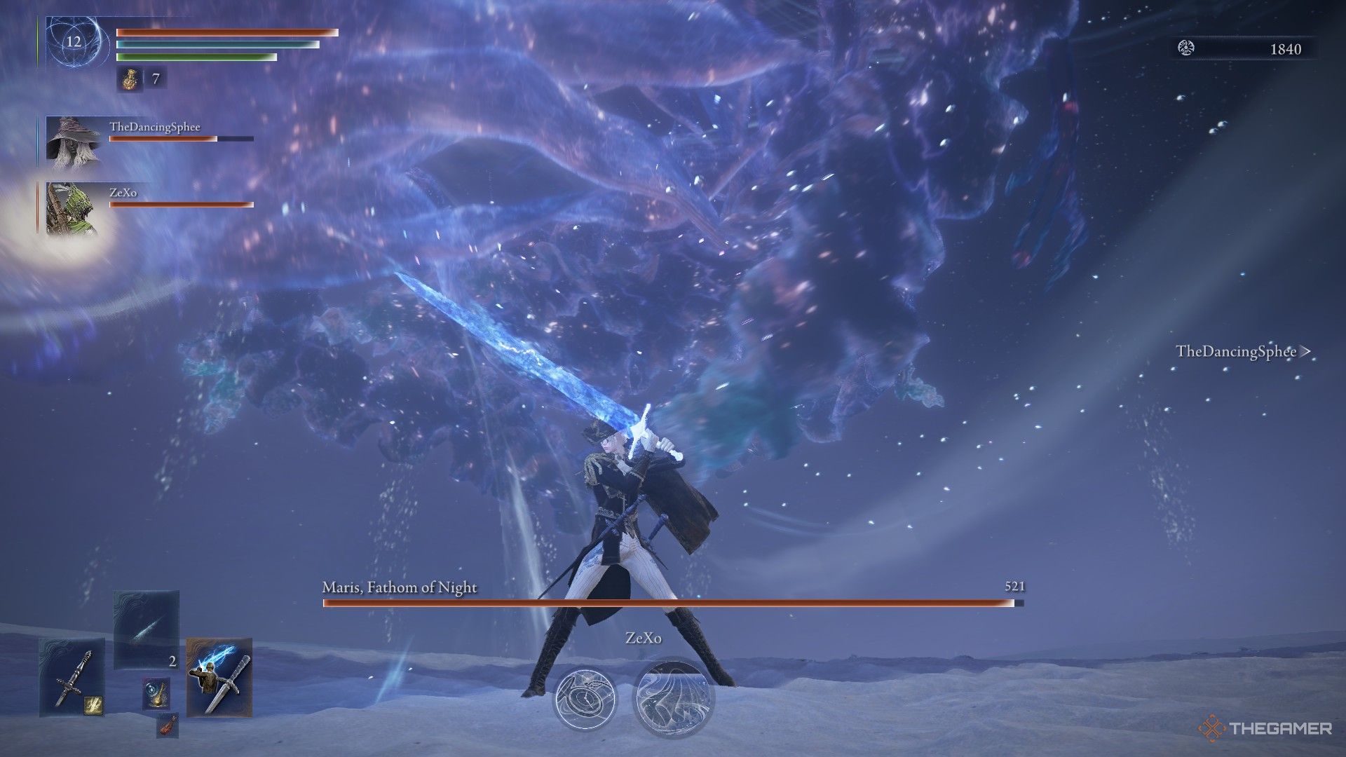 Duchess uses Storm Caller against Maris, the Everdark Sovereign in Elden Ring Nightreign.