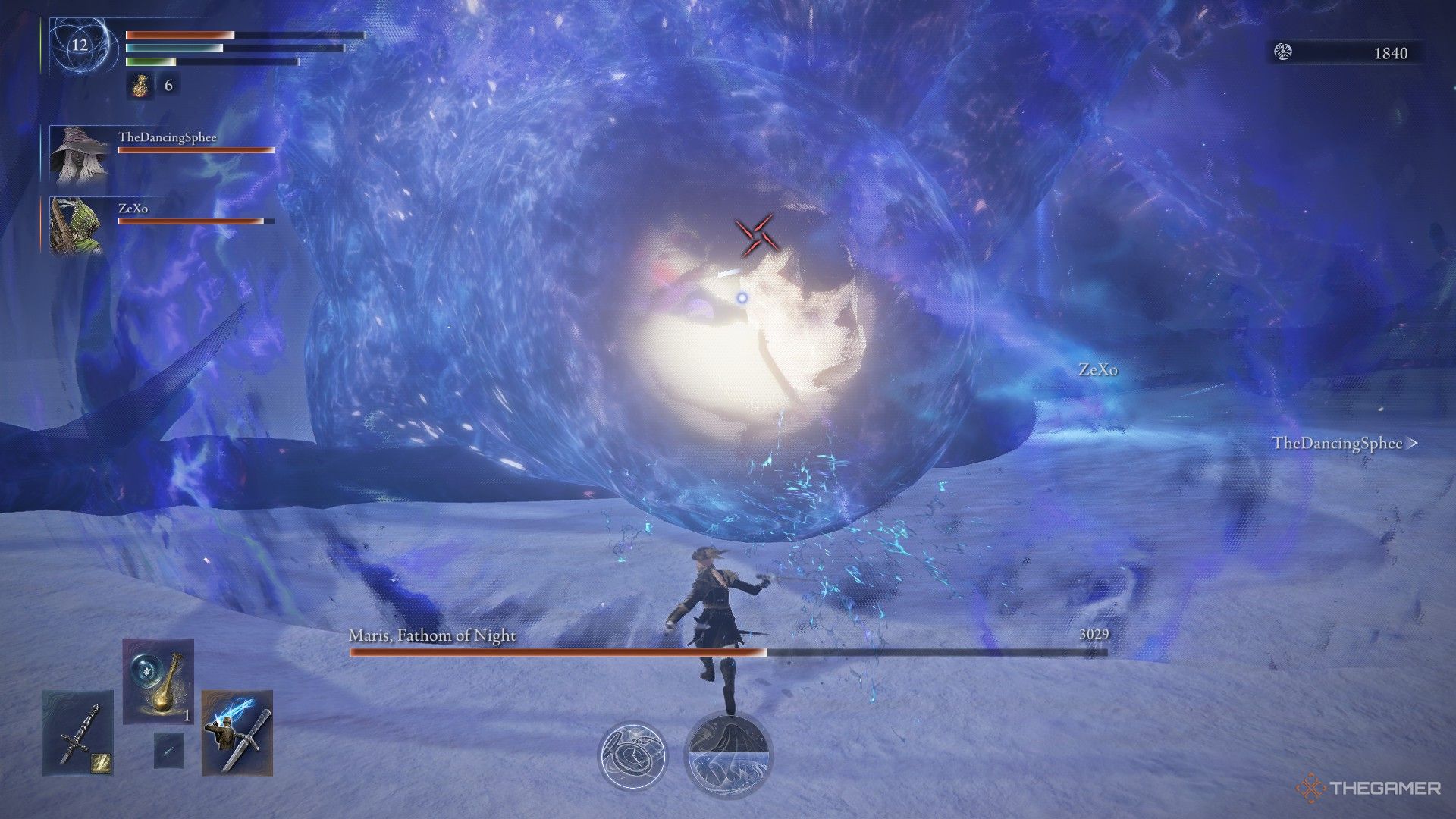 Duchess runs to the head of staggered Maris, the Everdark Sovereign, in Elden Ring Nightreign.
