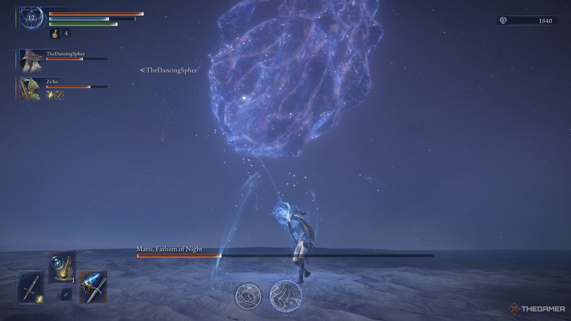Duchess holds and charges Storm Ruler as Everdark Augur falls from the sky in Elden Ring Nightreign.