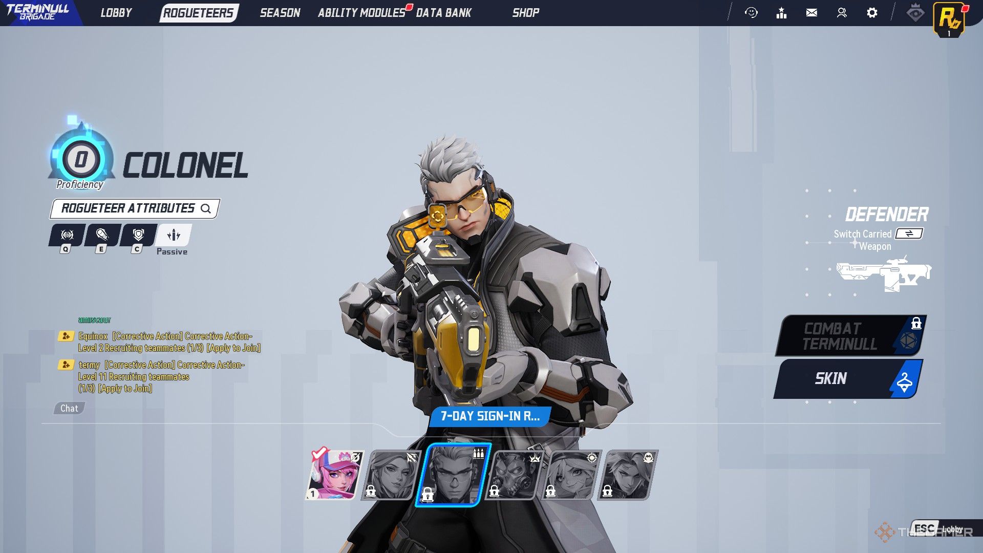 Colonel posing with a fun in the lobby screen of Terminall Brigade.
