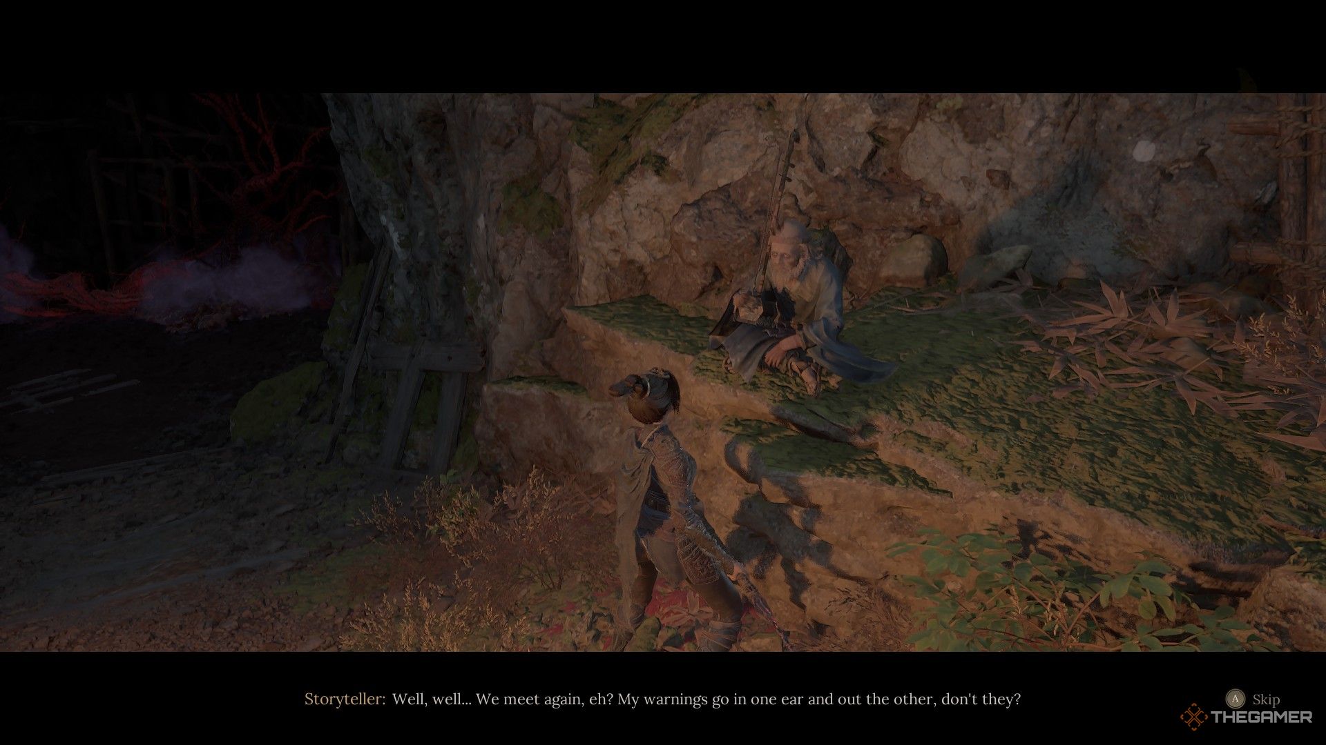 Wuchang finds the Storyteller near a cave to teleport to Act Four in Wuchang: Fallen Feathers.