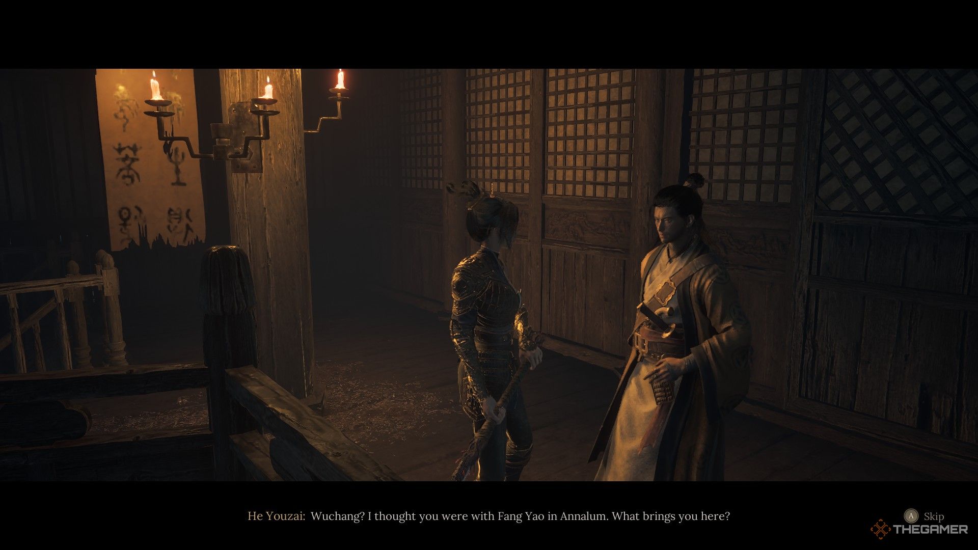 Wuchang speaks with He Youzai at the Reverent Temple in Act Five in Wuchang: Fallen Feathers.