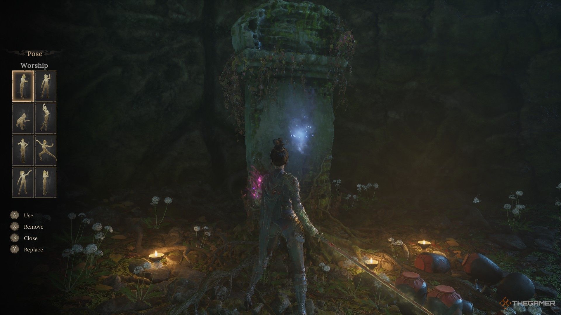 Wuchang selects the Worship gesture in front of the White Robed Elder's tomb in Wuchang: Fallen Feathers.