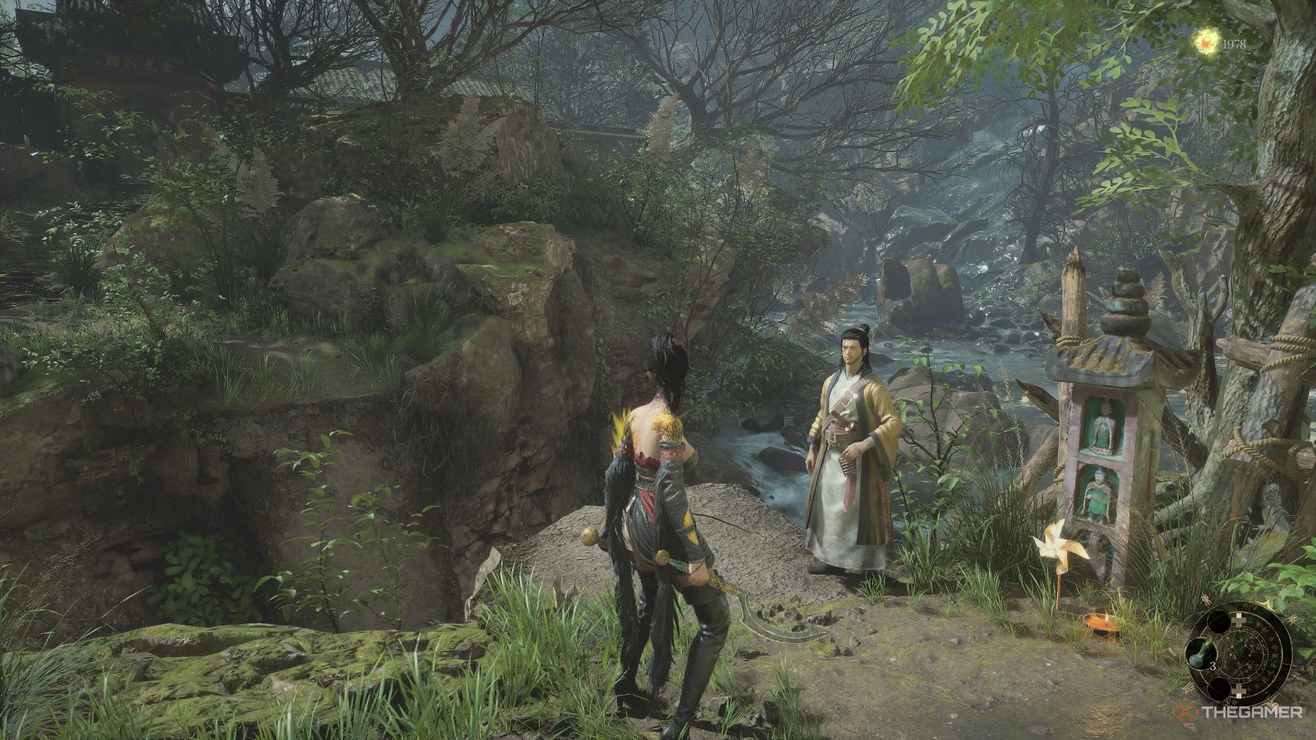 Wuchang finds He Youzai next to the Worship's Rise river in Wuchang: Fallen Feathers.