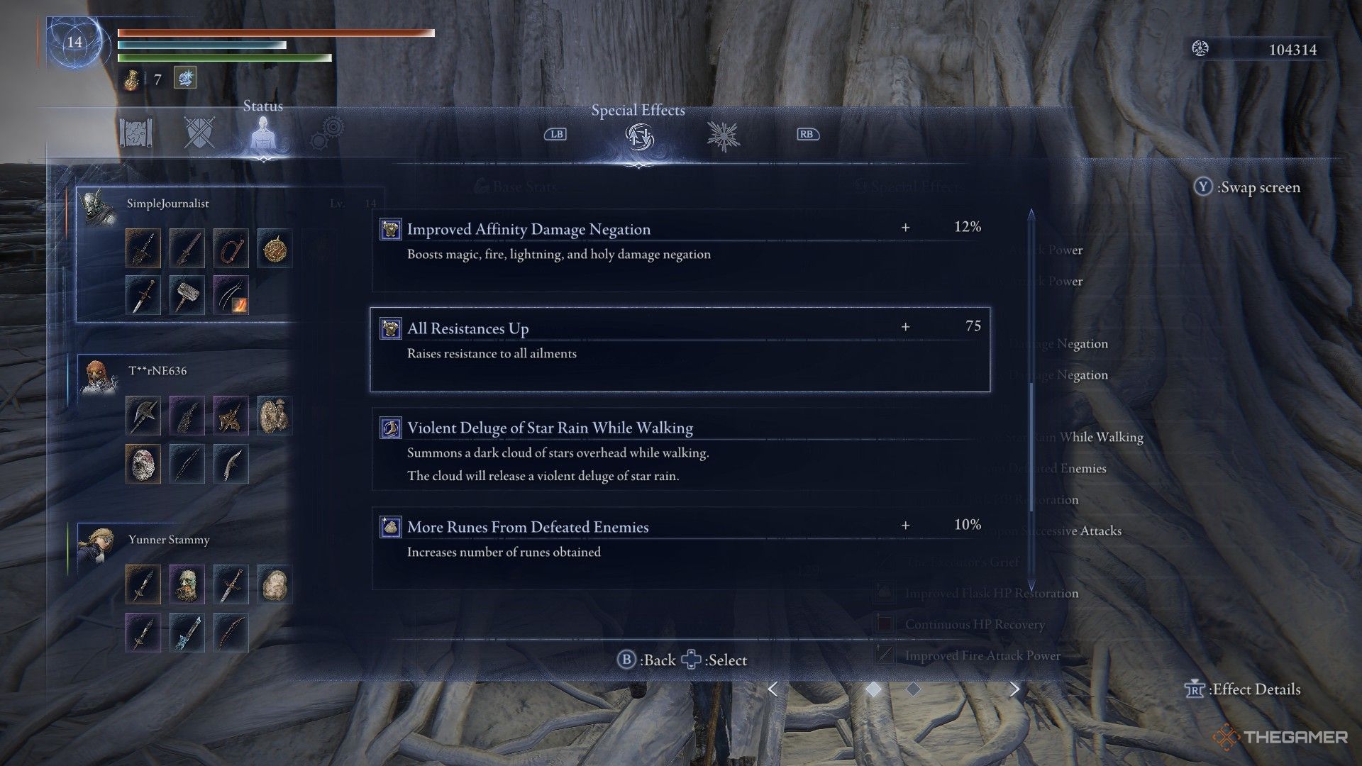 Wylder inspects their features and highlights All Resistances Up as an effect in Elden Ring Nightreign.