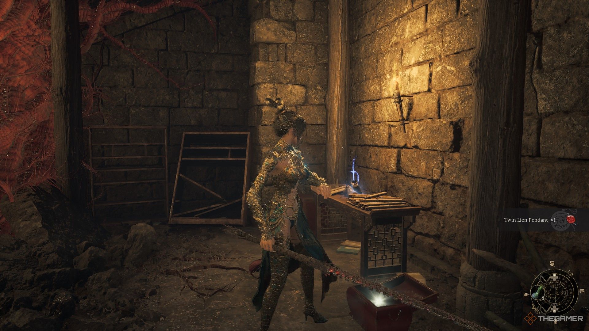Wuchang takes the Twin Lion Pendant from a table in the Palace Pass in Wuchang: Fallen Feathers.