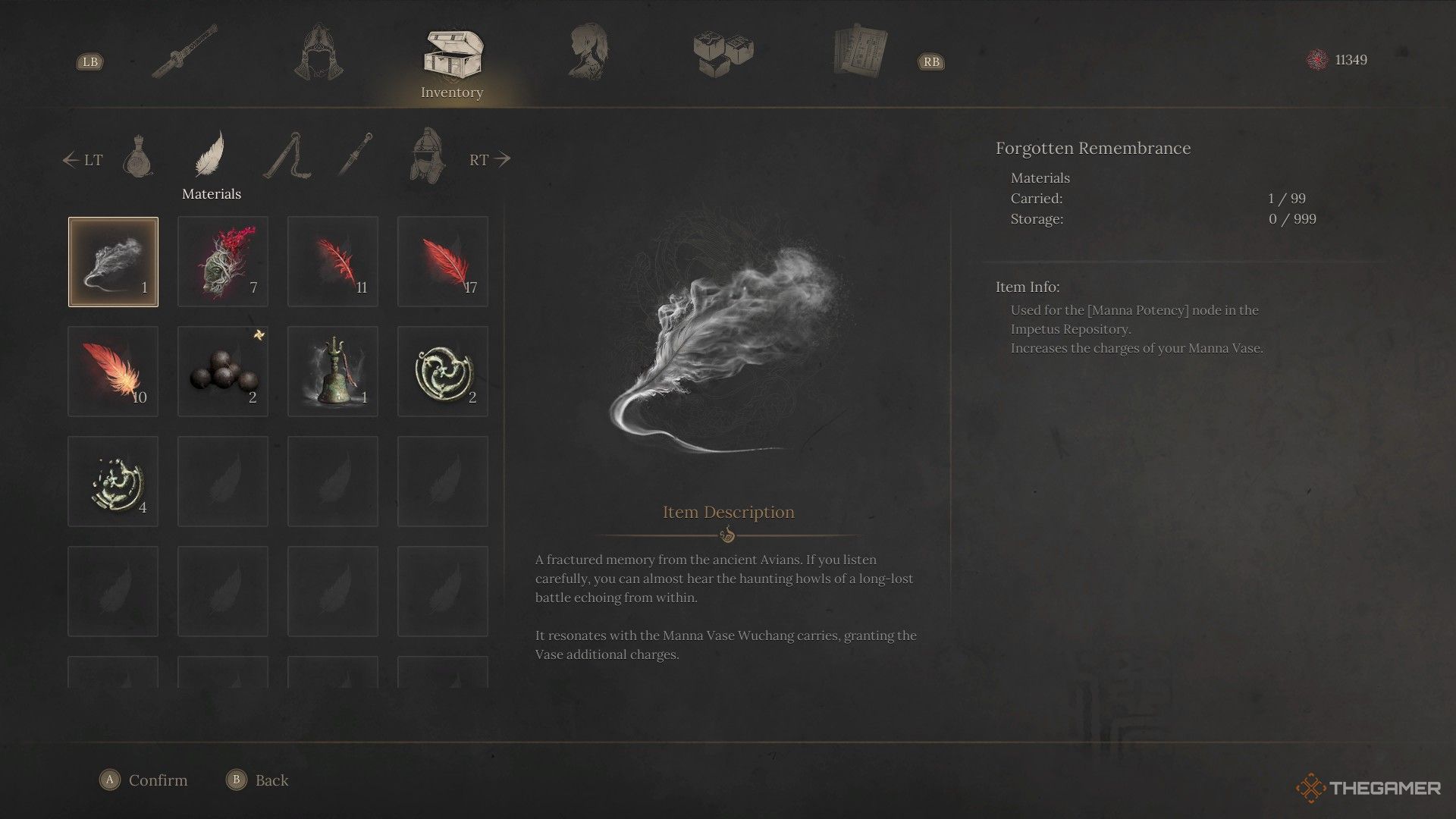 Wuchang looks at the item description for the Forgotten Remembrance in Wuchang: Fallen Feathers.