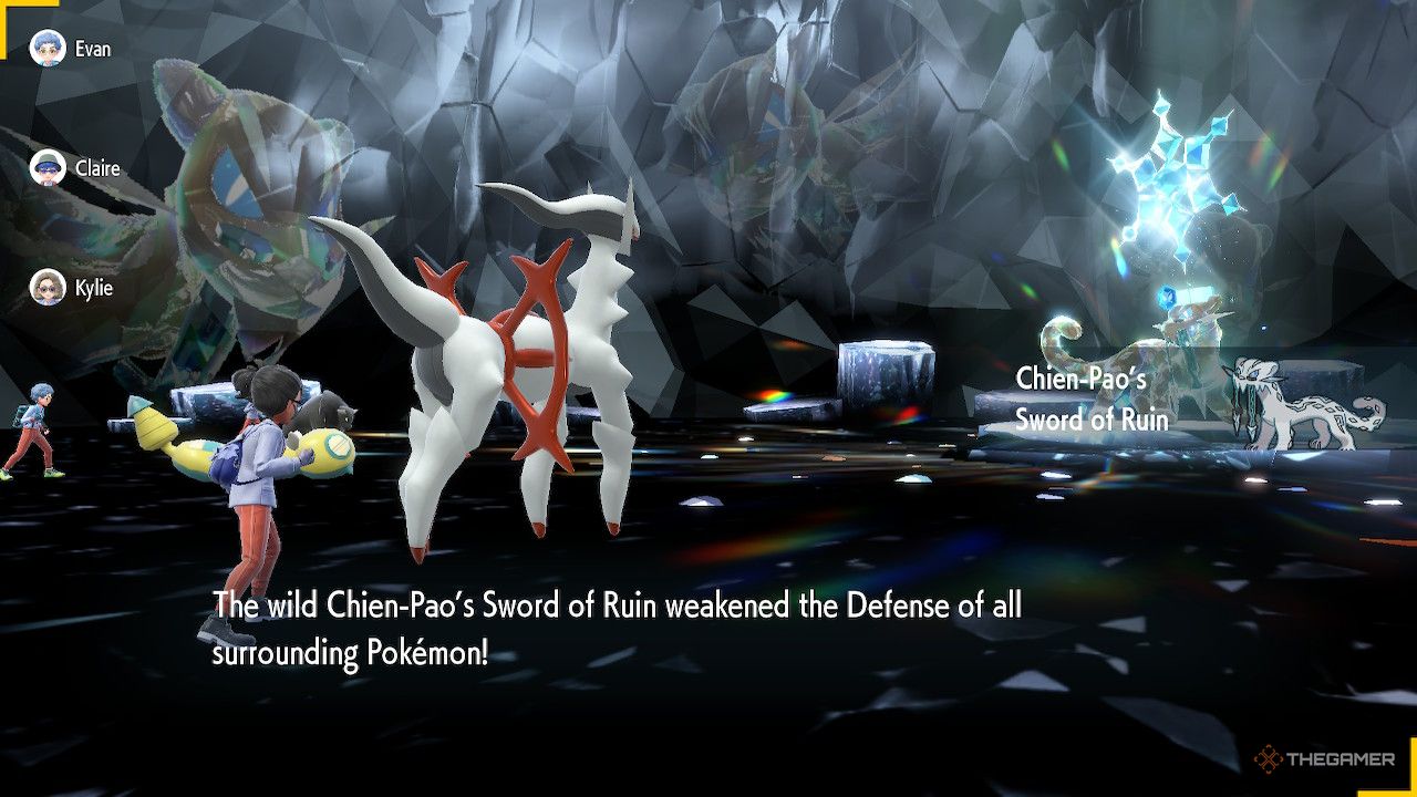 Chien-Pao's Sword of Ruin ability activates against Fighting Arceus in a tera raid battle in Pokemon Scarlet and Violet.