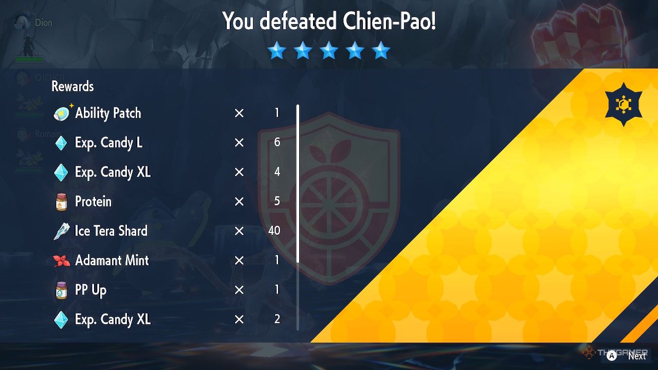 Player receives an Ability Patch and other rewards from Chien-Pao in Pokemon Scarlet and Violet.