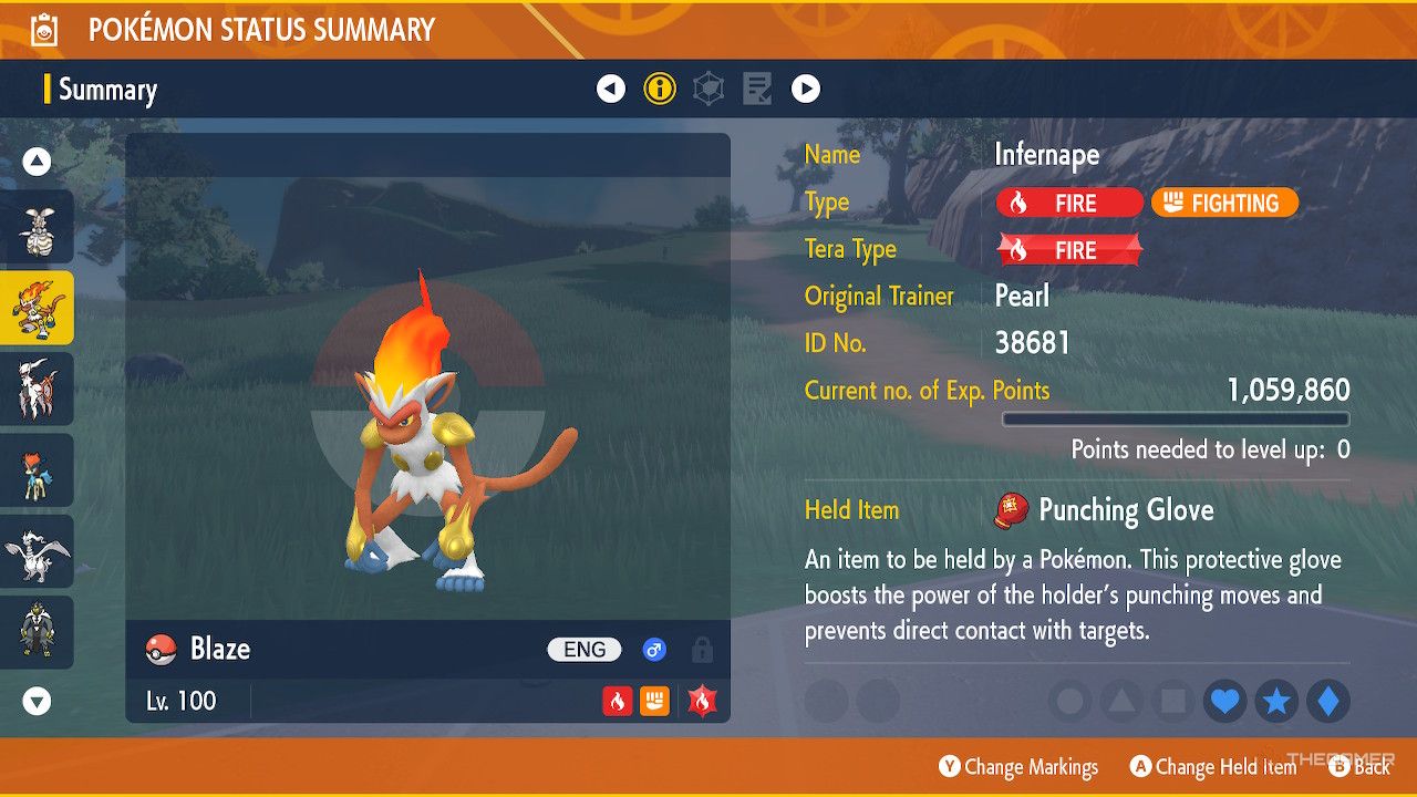 Player inspects the Information screen about Infernape in Pokemon Scarlet and Violet.