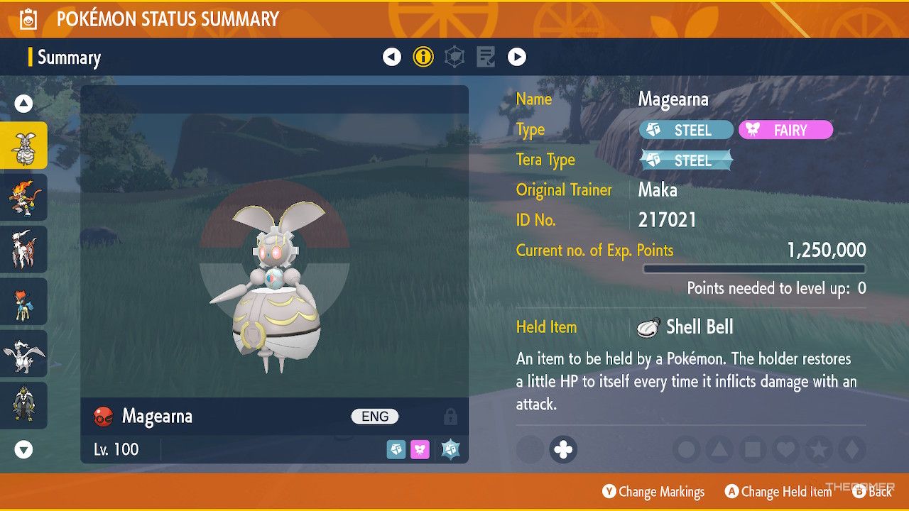Player looks at the information tab of Magearna in Pokemon Scarlet and Violet.