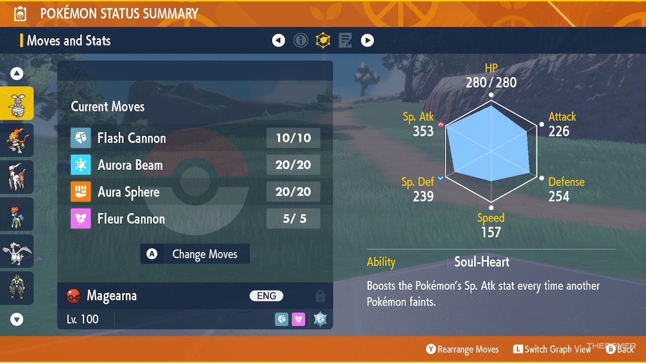 Player inspects the stats and ability of Magearna in Pokemon Scarlet and Violet.