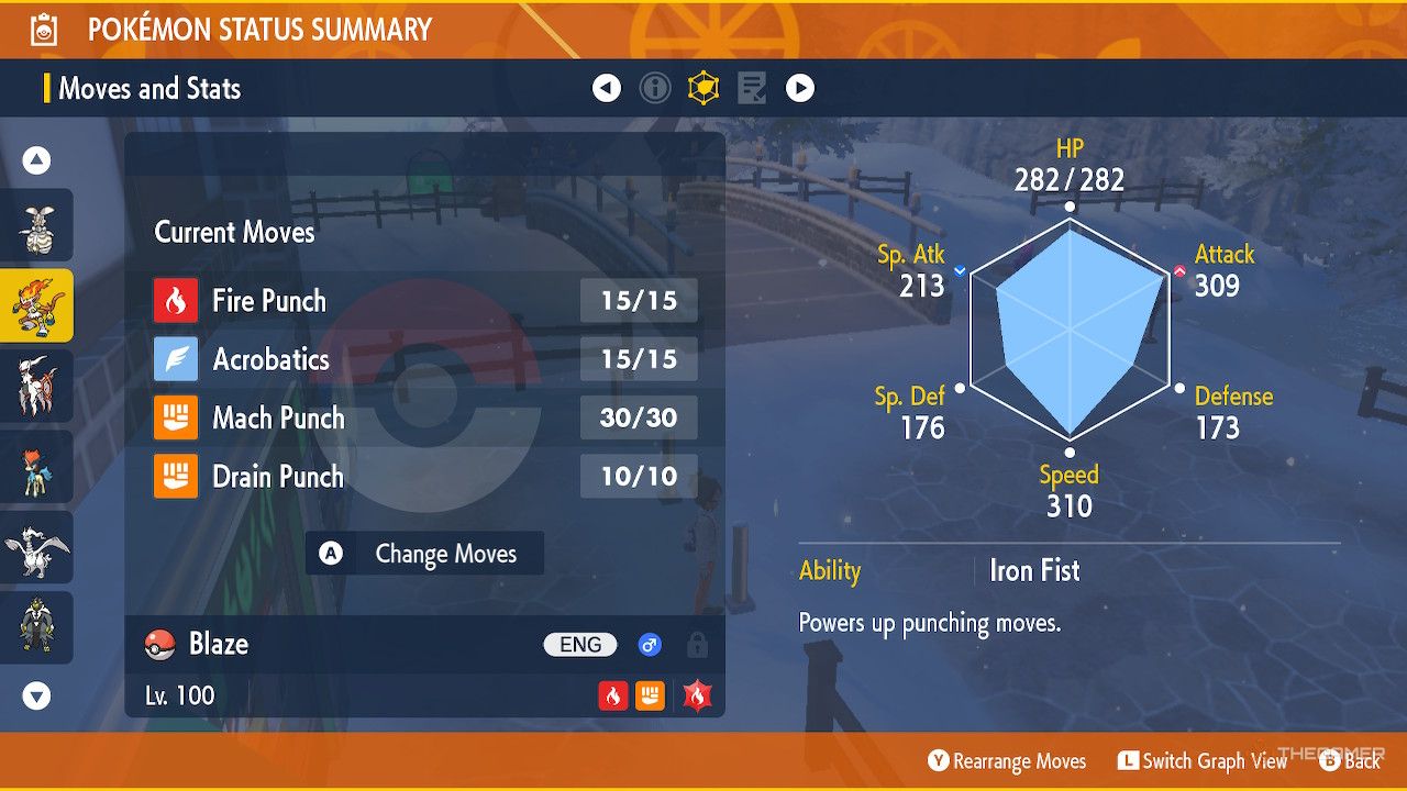 Player inspects the stats and moves of Infernape in Pokemon Scarlet and Violet.