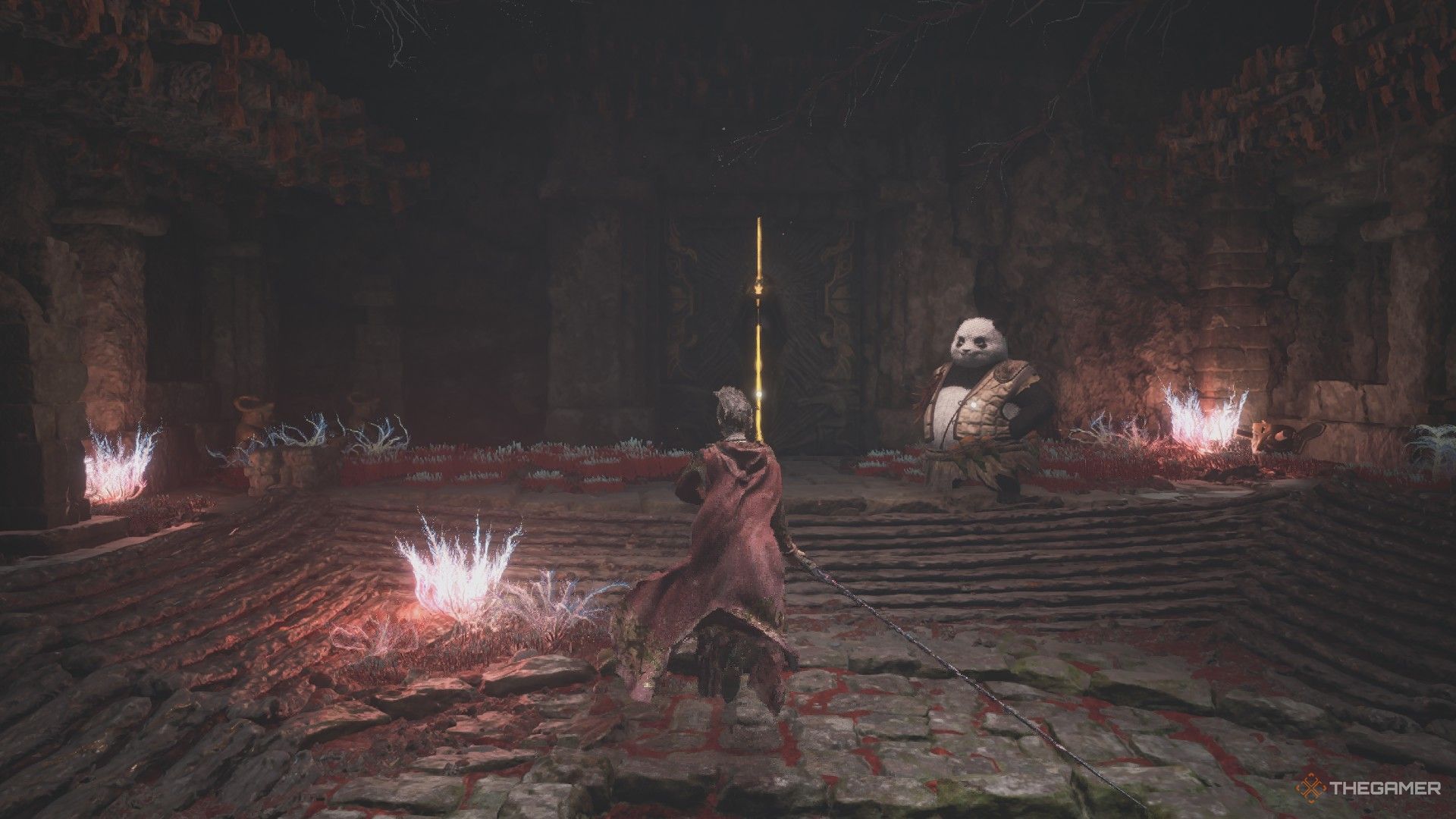Wuchang finds the Panda Merchant besides the Lost Remains door in the Bo Capital in Wuchang: Fallen Feathers.