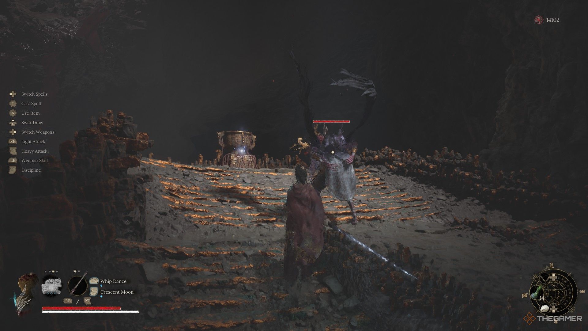 Wuchang fights an avian in front of the chalice that gives the Nameless Eye Pendant in Wuchang: Fallen Feathers.