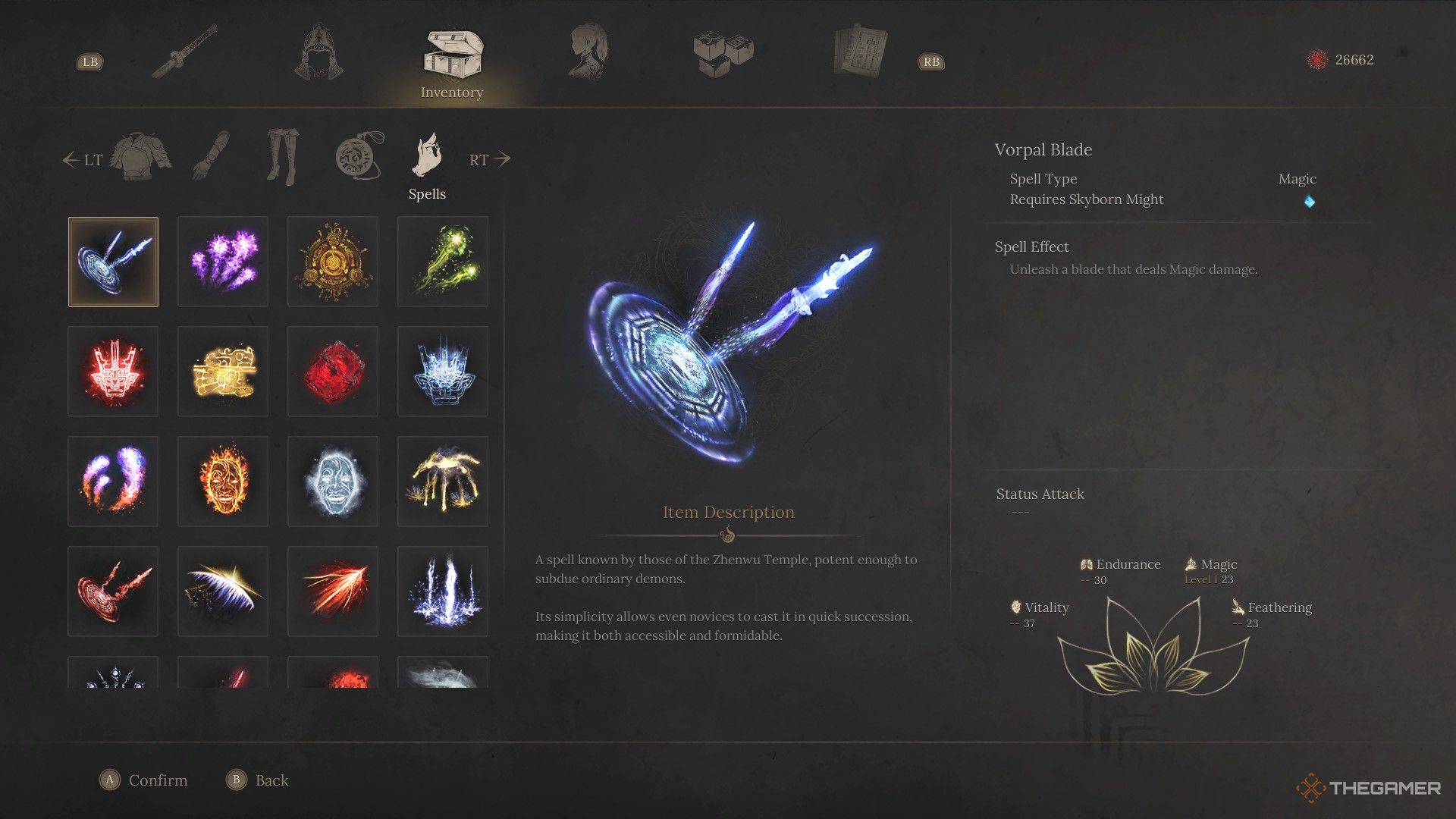 Wuchang inspects the Vorpal Blade spell in Wuchang: Fallen Feathers.