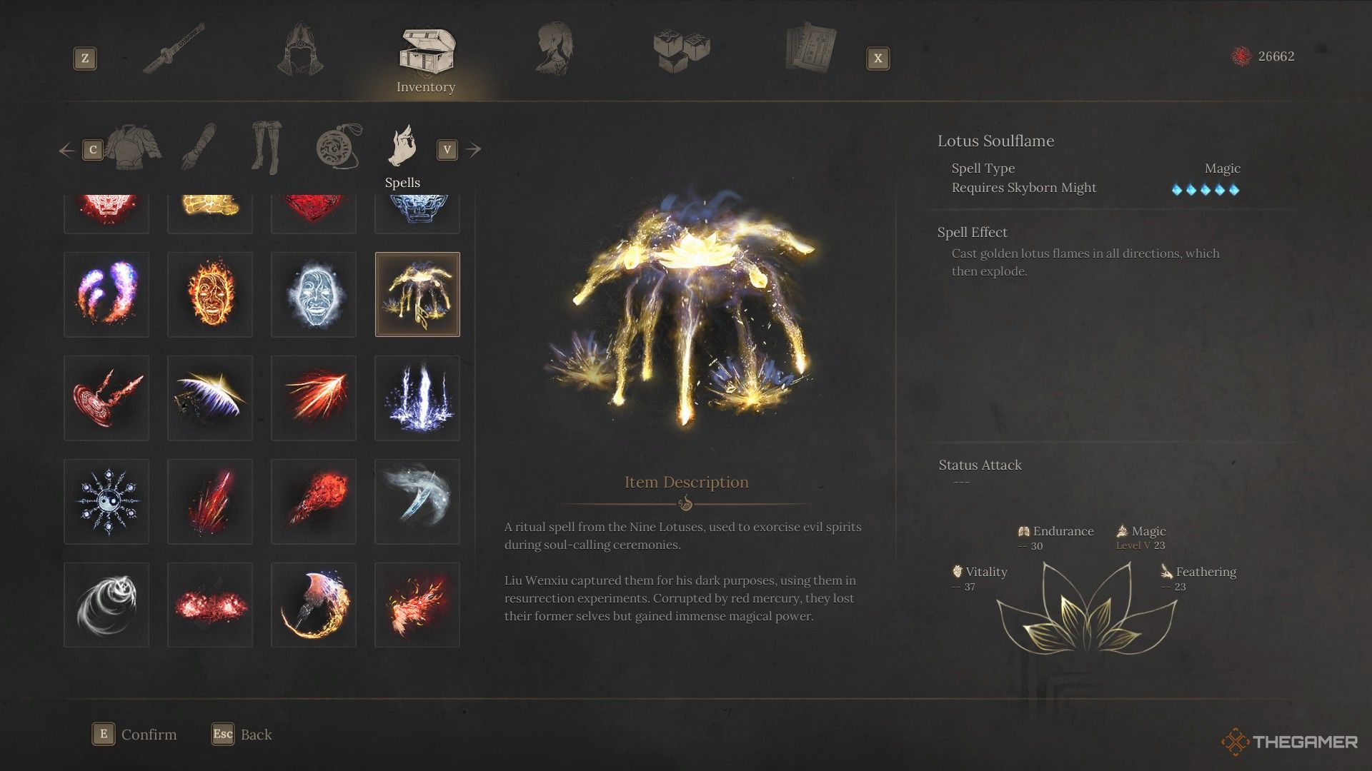 Wuchang inspects the Lotus Soulflame description in Wuchang: Fallen Feathers.