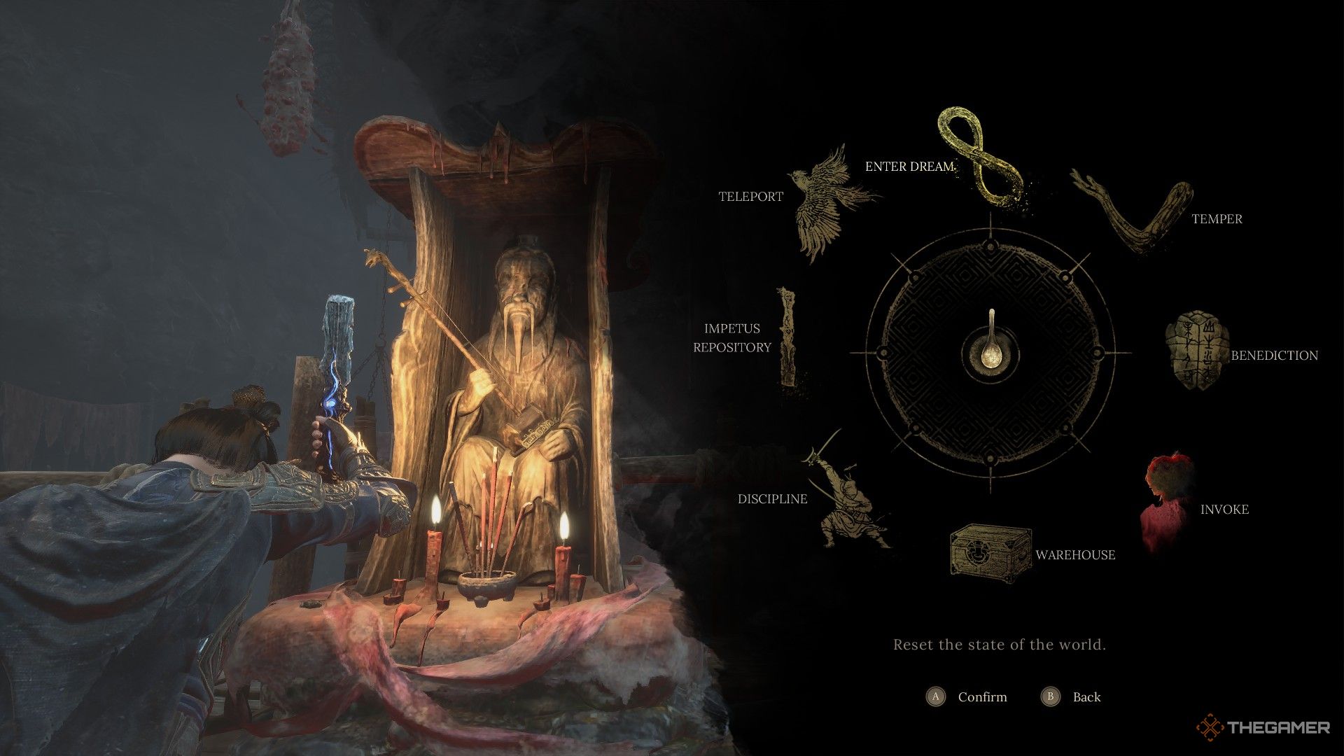 Wuchang inspects all the options available at a shrine in Wuchang: Fallen Feathers.
