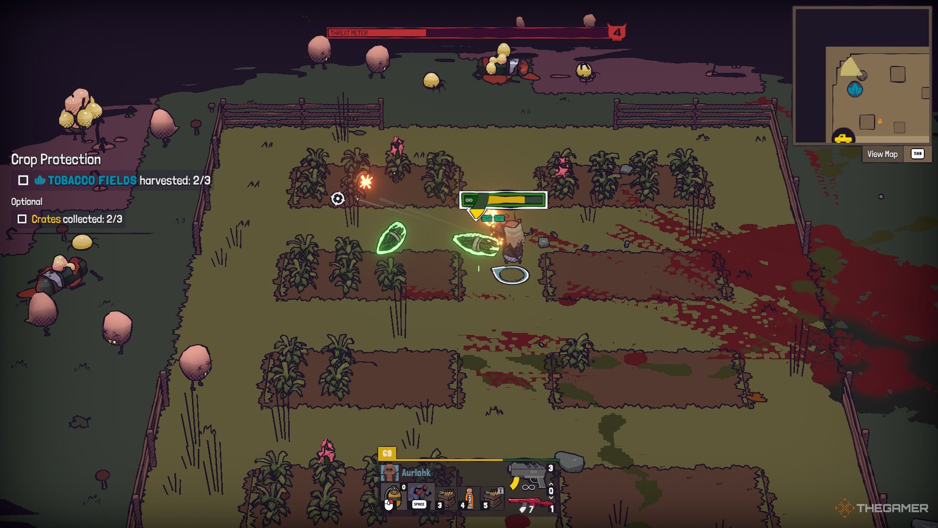 Commando using the default Pistol to shoot at Tobacco Plants and enemies in Guntouchables.