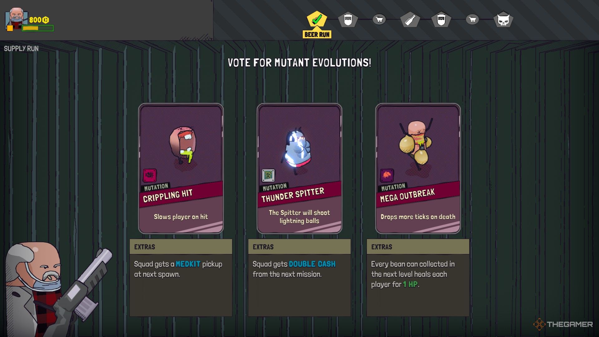 End of mission Mutations screen showing three possible choices including the Crippling Hit Mutation for Nymphs in Guntouchables.