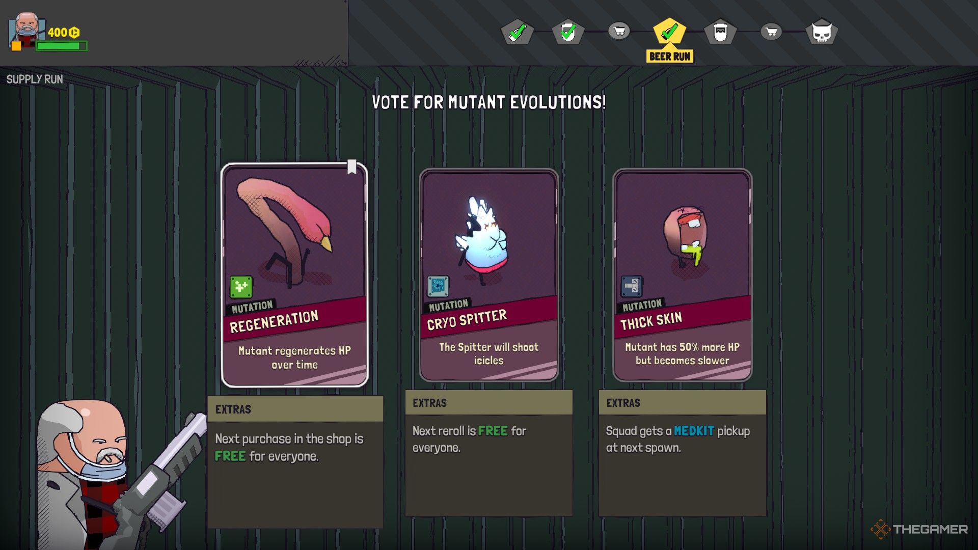 End of level Mutation screen showing three possible choices, including a Regeneration one for the Worm Stabber, in Guntouchables.