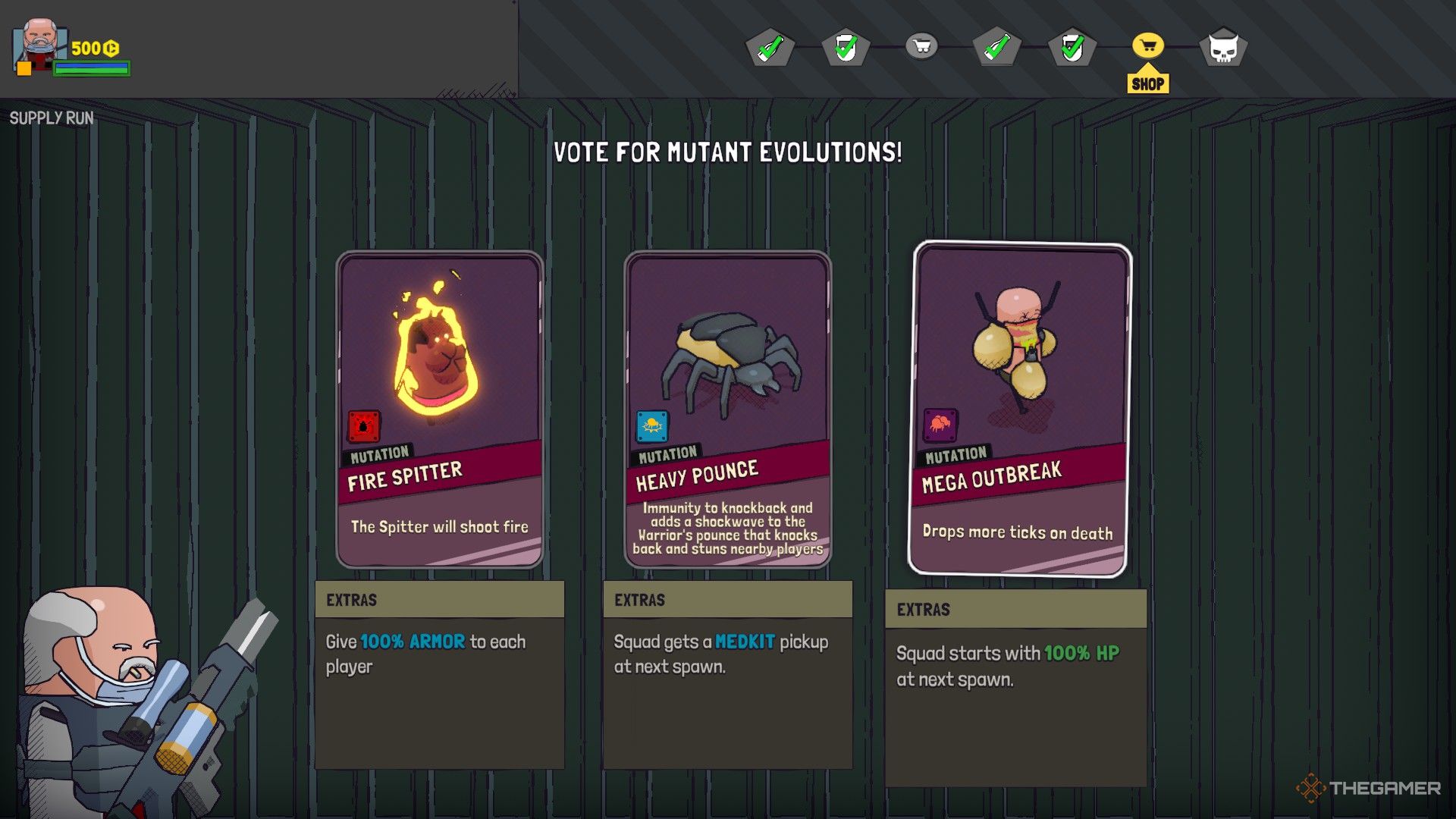 End of mission Mutation screen showing three choices including the Mega Outbreak Mutation in Guntouchables.