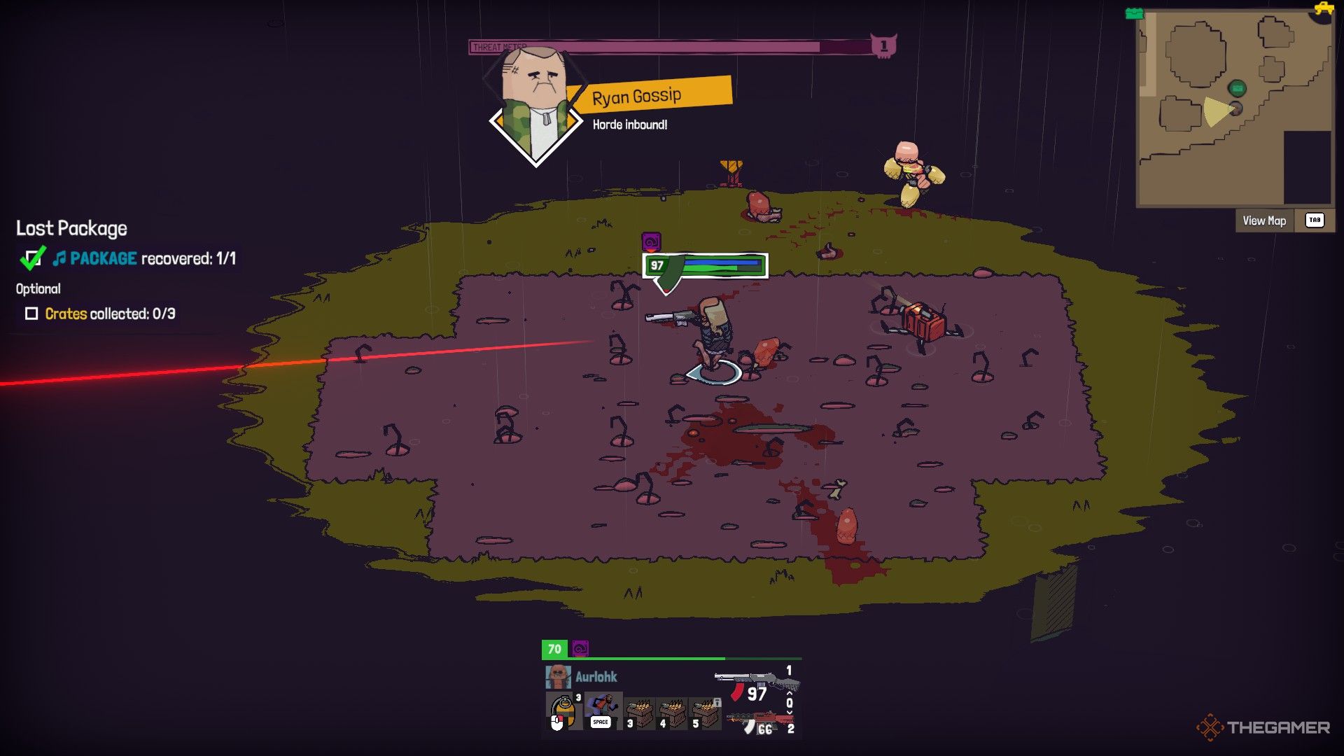 Commando running across Corrupted Ground as Ryan notifies him of an approaching Horde in Guntouchables.