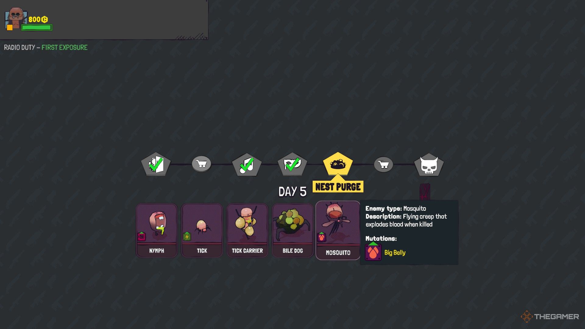 Mission progression screen showing appearing enemies and mutations on them, focusing on the Big Belly Mosquito, in Guntouchables.