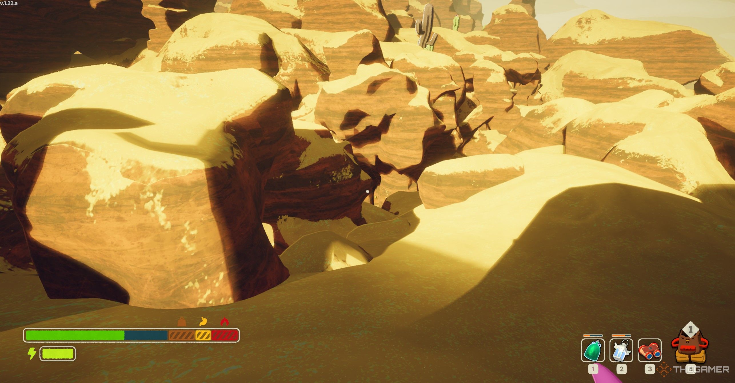 Hot blistering sun in the Mesa biome in Peak.