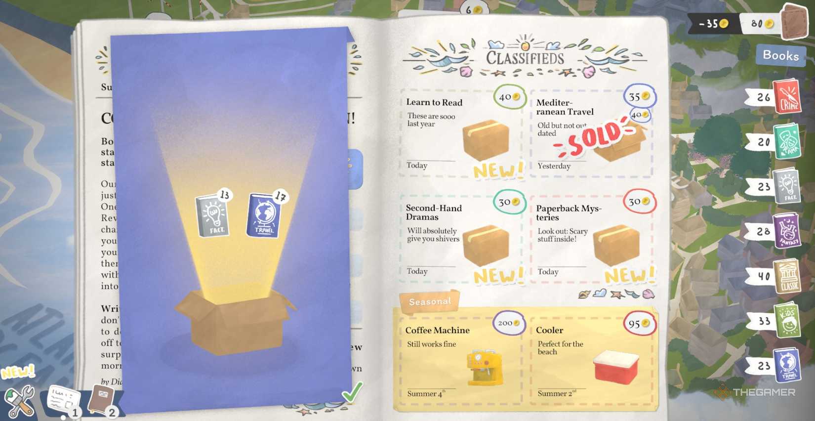 Player character buying a book bundle from the newspaper and receiving Fact and Travel books in Tiny Bookshop.
