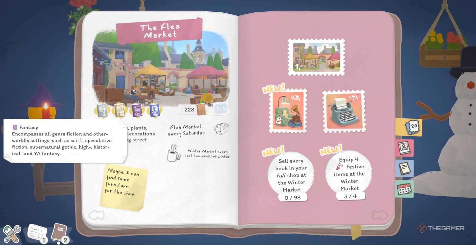 Player character looking at their journal to see the preferred genres of the Flea Market in Tiny Bookshop.