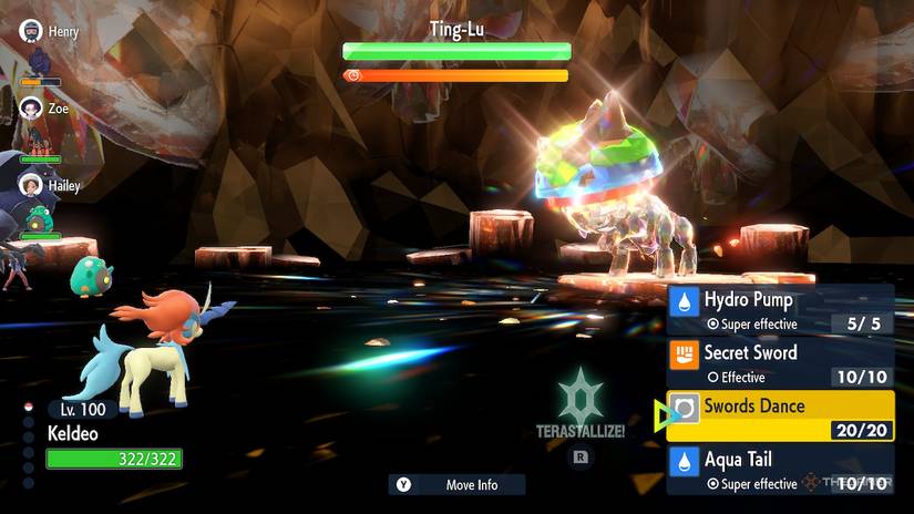 Resolute Keldeo chooses to use Swords Dance during the Shiny Ting Lu Tera Raid event in Pokemon Scarlet and Violet.
