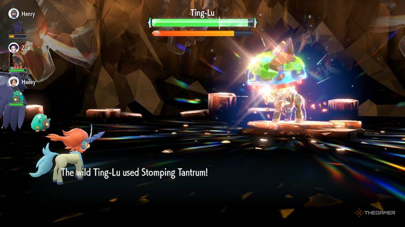 Shiny Ting-Lu uses Stomping Tantrum on Resolute Form Keldeo during a Tera Raid in Pokemon Scarlet and Violet.