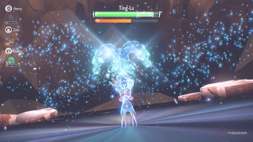 Keldeo Terrastalizes into a Water Type against Ting-Lu in Pokemon Scarlet and Violet.