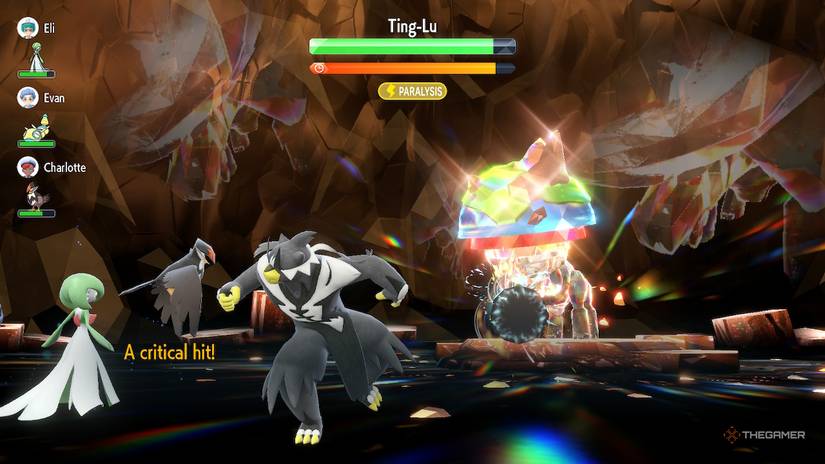 Urshifu deals a critical hit against Shiny Ting-Lu during a raid battle in Pokemon Scarlet and Violet.