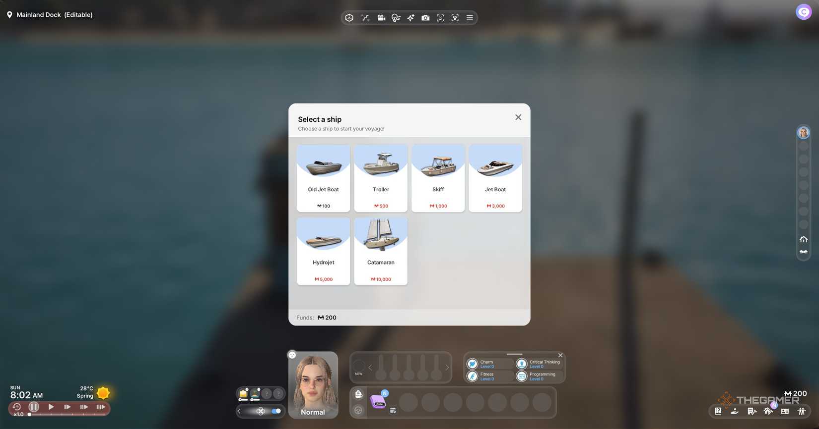 Boat menu that popped up after selecting the ticket booth in InZoi.