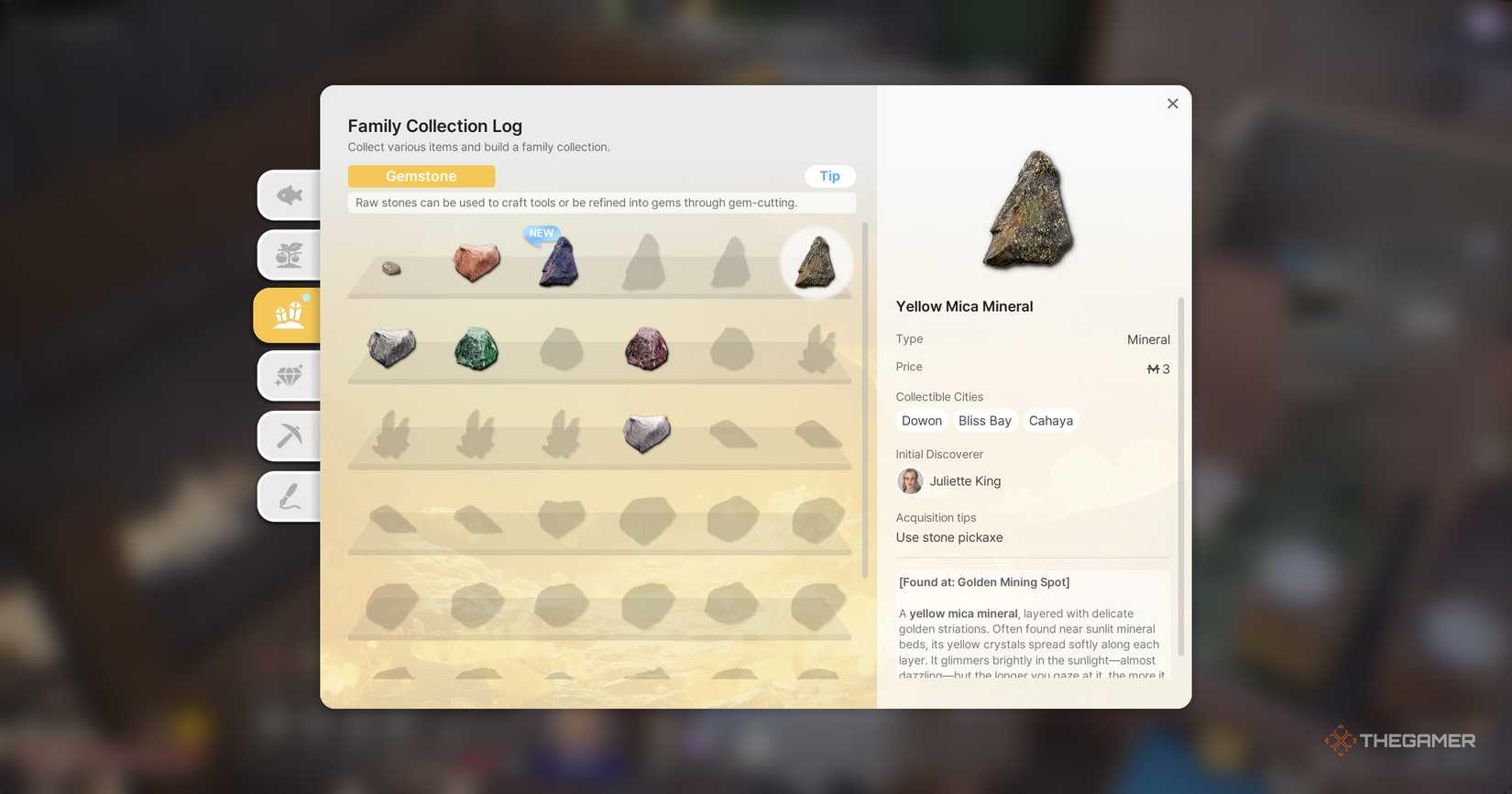 Family Collection Log menu open showcasing gemstones in InZoi.