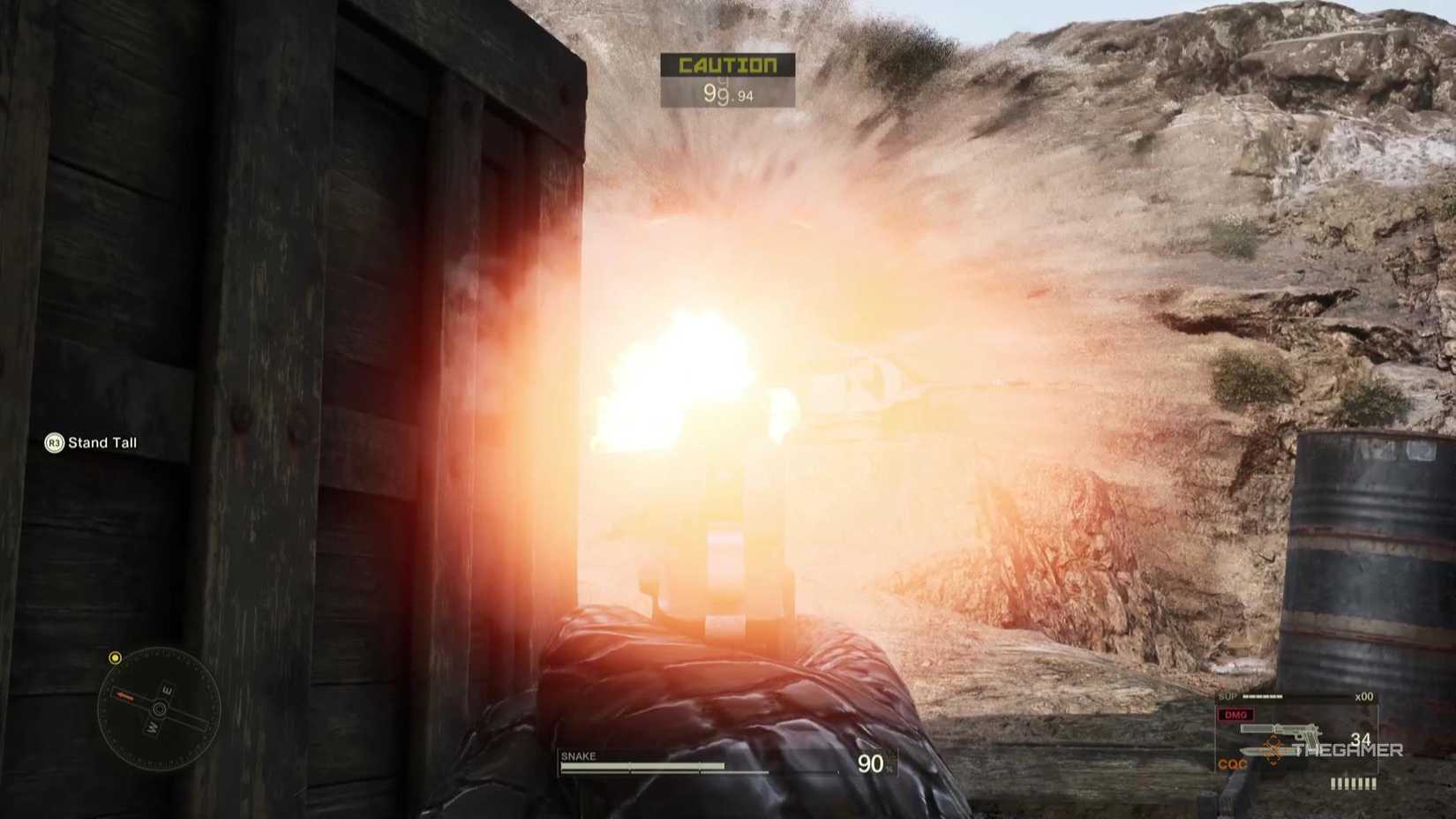 A barrel explodes, obliterating an enemy in Metal Gear Solid Delta Snake Eater.