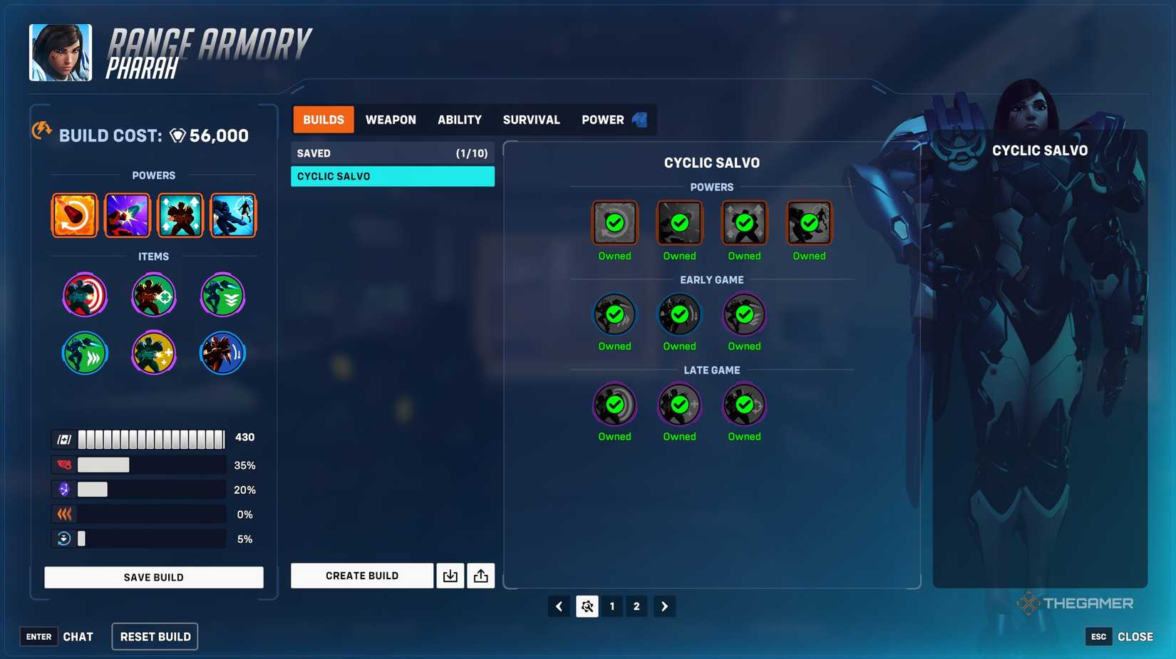 A built out Stadium Build for Pharah in Overwatch 2,