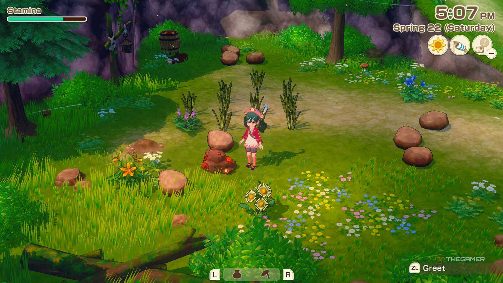 A player beside an ore rock in the Mountains in Story of Seasons Grand Bazaar.