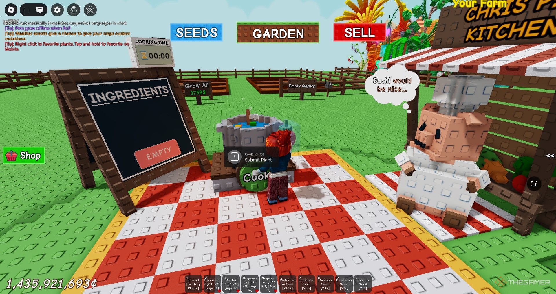 A player cooking in Roblox Grow a Garden.