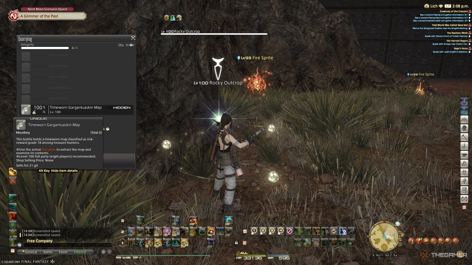 A player finding a Timeworn Gargantuaskin Treasure Map while mining in Final Fantasy 14.