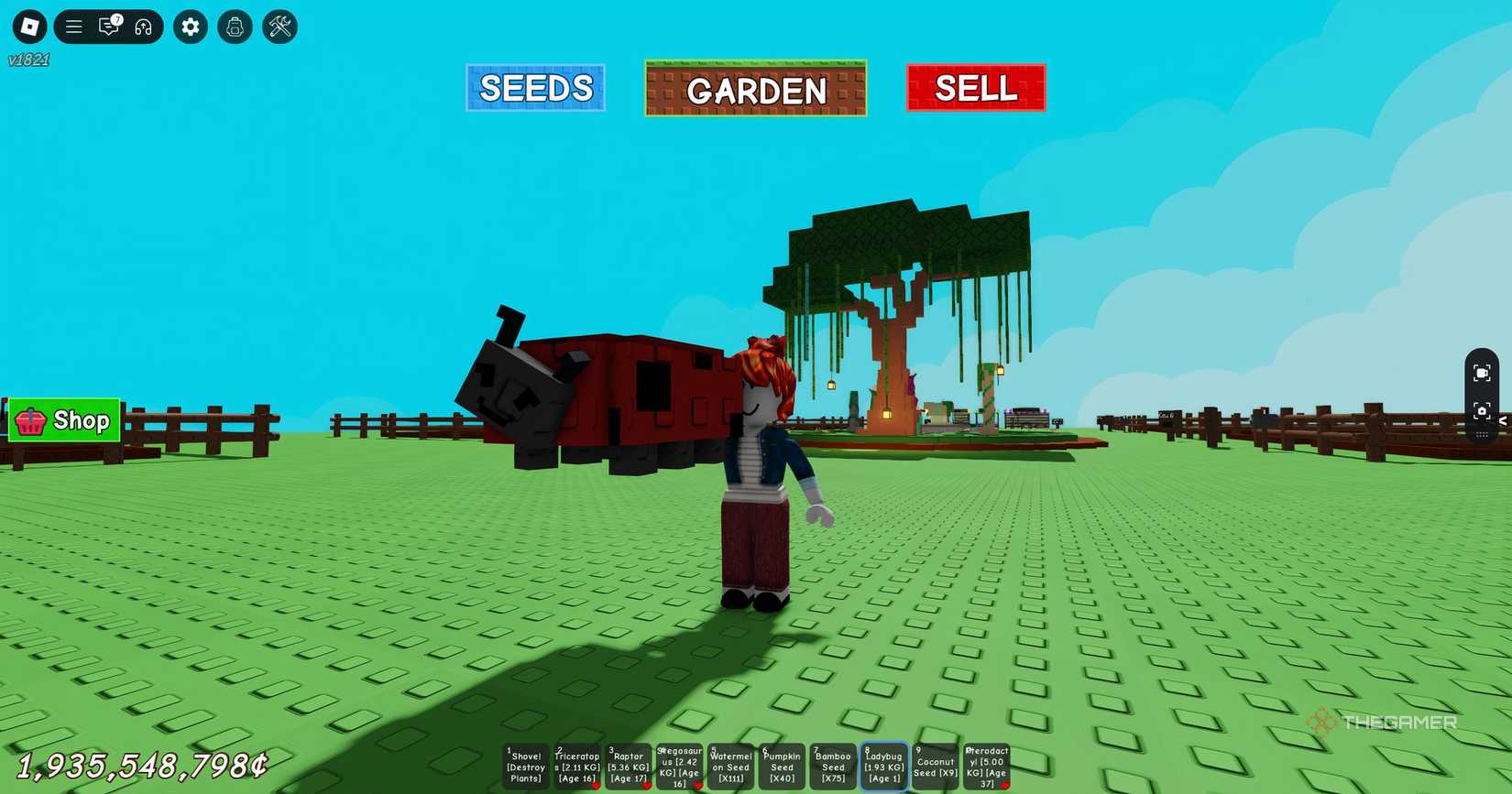 A player holding the ladybug pet in Roblox Grow a Garden.