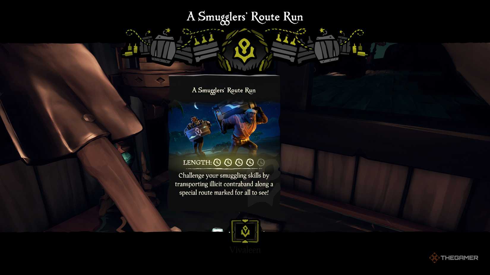 A Smuggler's Route Run Quest accepted at the quest table in a ship in Sea of Thieves.
