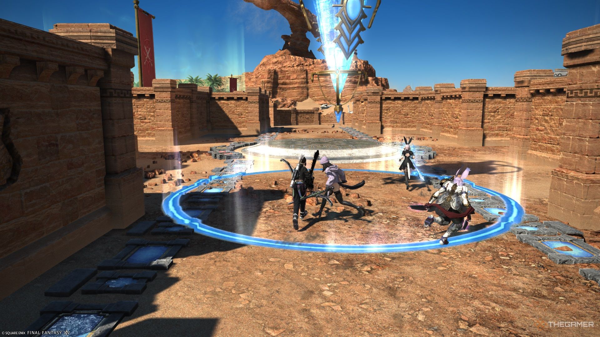 A team pushing the crystal in Crystalline Conflict in Final Fantasy 14.