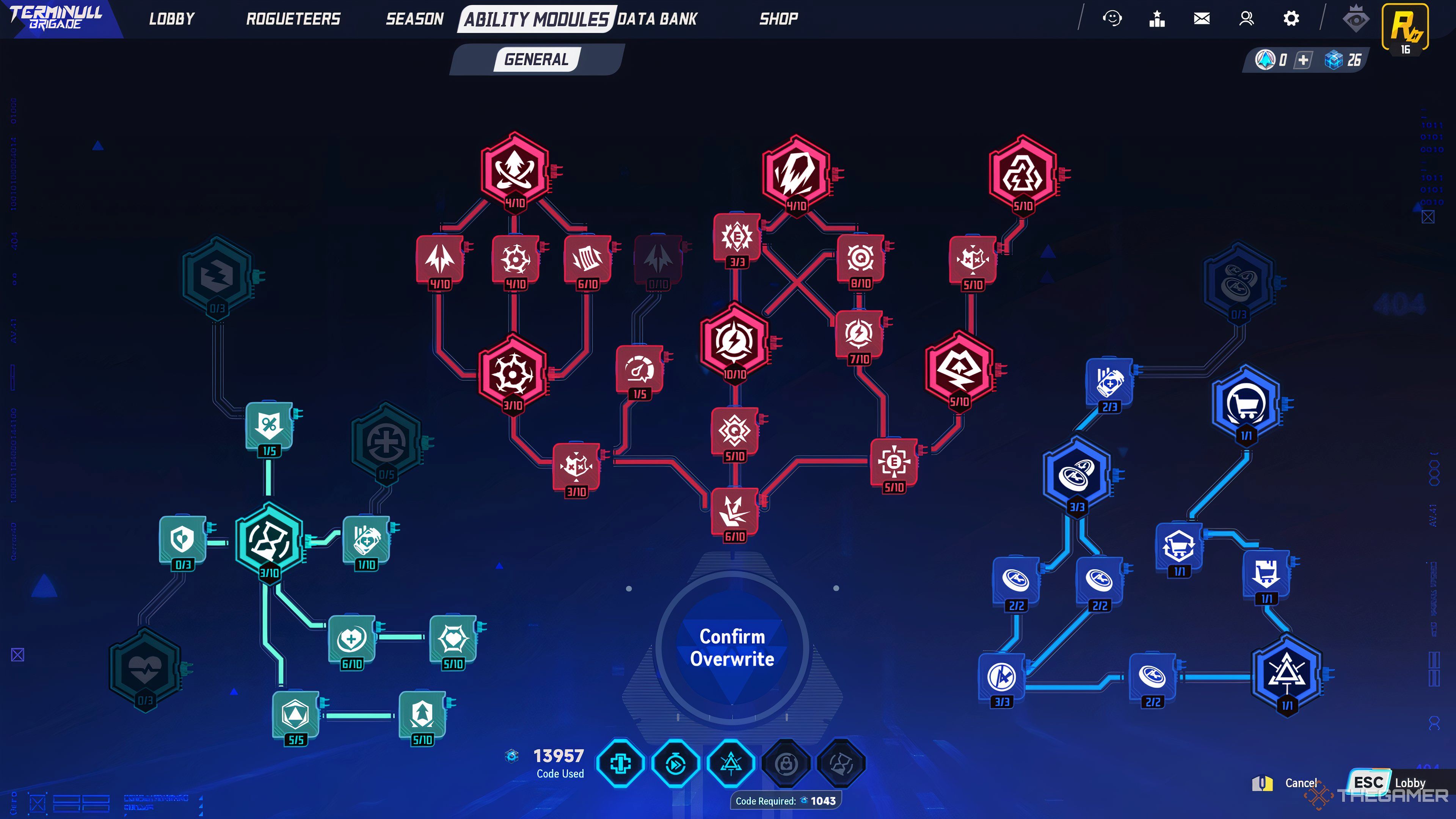 Ability Module Screen with branching Red, Blue, and Cyan trees in Terminull Brigade.