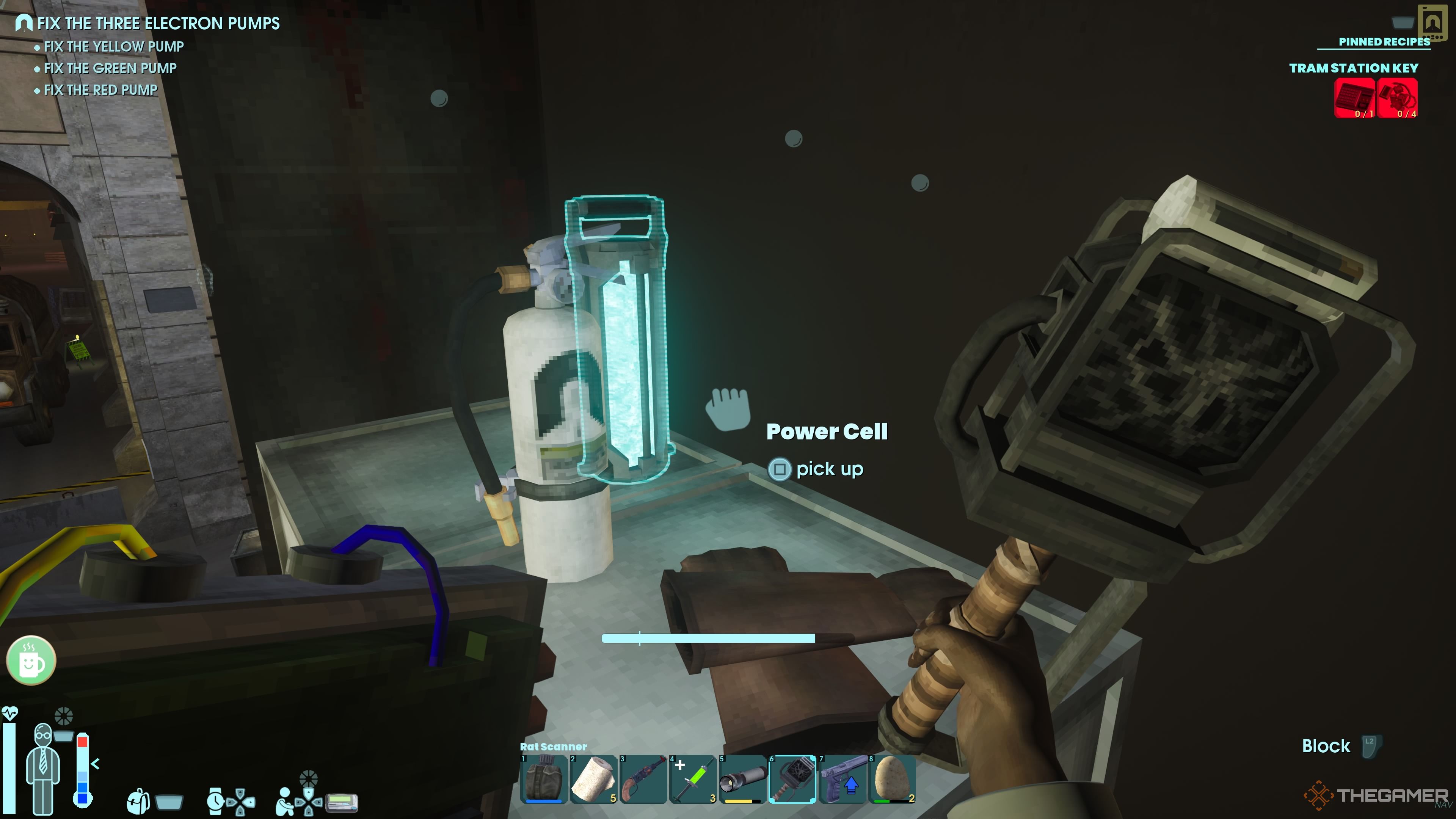 Player character picking up a Power Cell that's sitting in a hanging shipping container in Abiotic Factor.